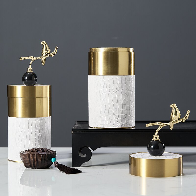 Magpie On Branch Leather Storage Jar - Homio Decor
